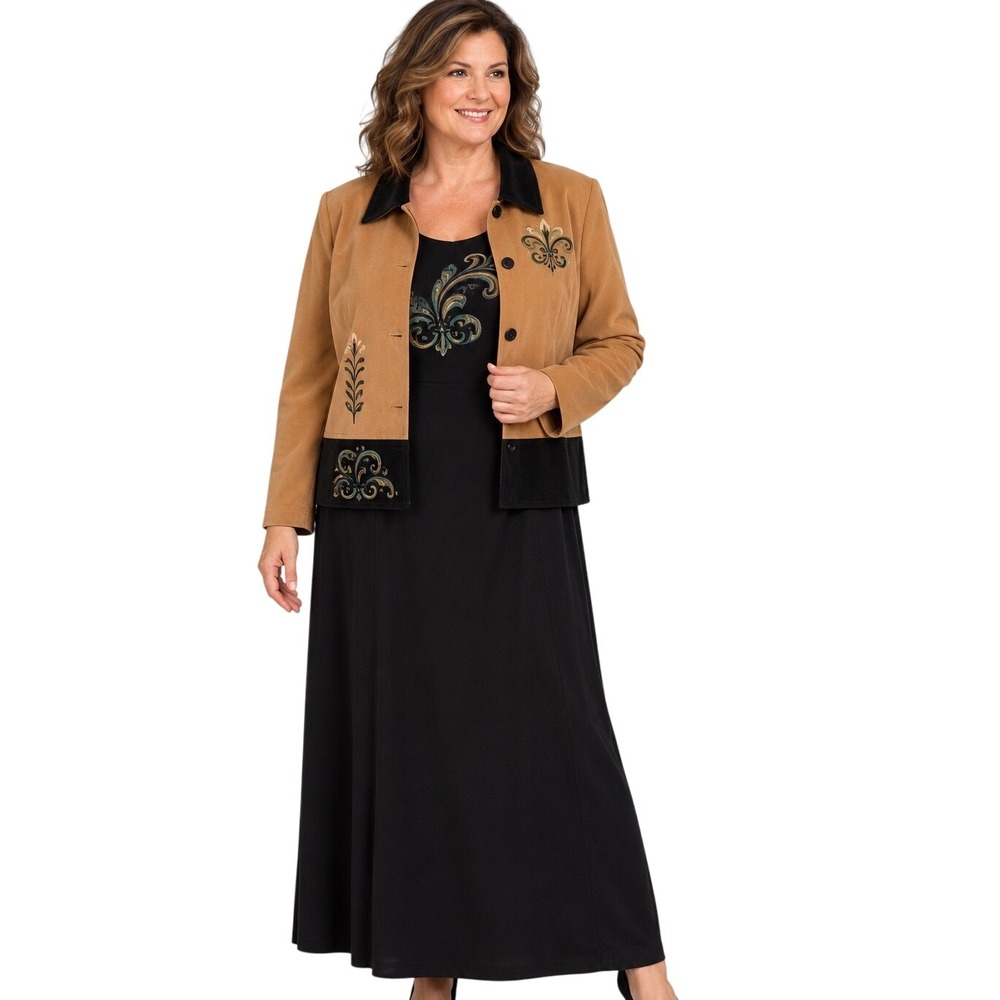 NWT Positive Attitude Womens 2 Piece Set Maxi Dress Cropped Jacket Tan Black 14